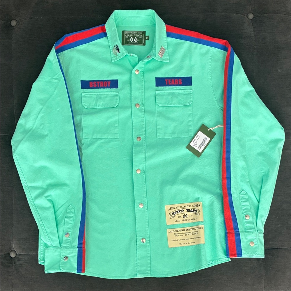 Men's Green Shirt with Red and Blue Accents